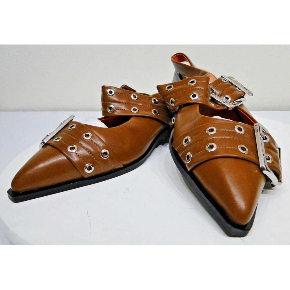 Chunky Buckle Slingback Ballerina Heel Brown Patent Leather Shoes Size 11